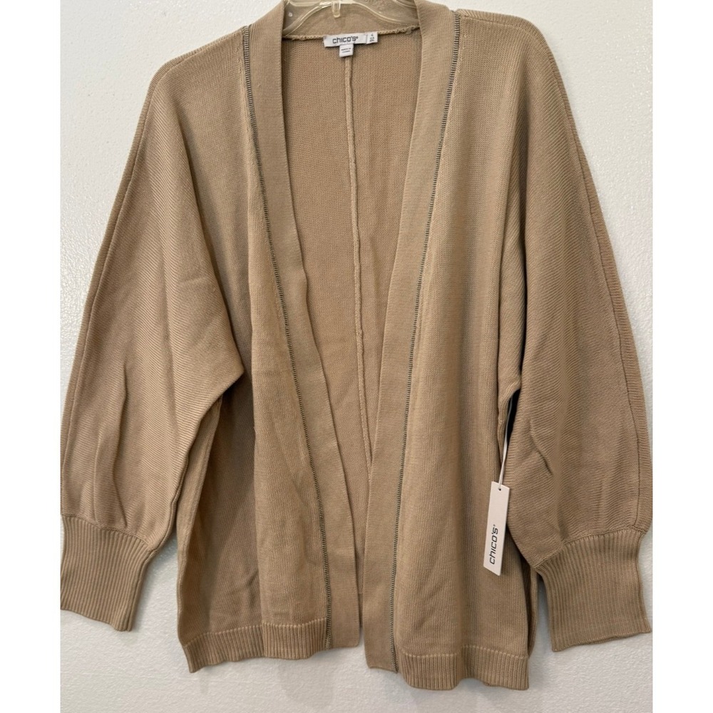 NWT Chico's Sz 4 / XXL Dolman Sleeve Open Cardigan Tan with Silver‎ Accent Beads
